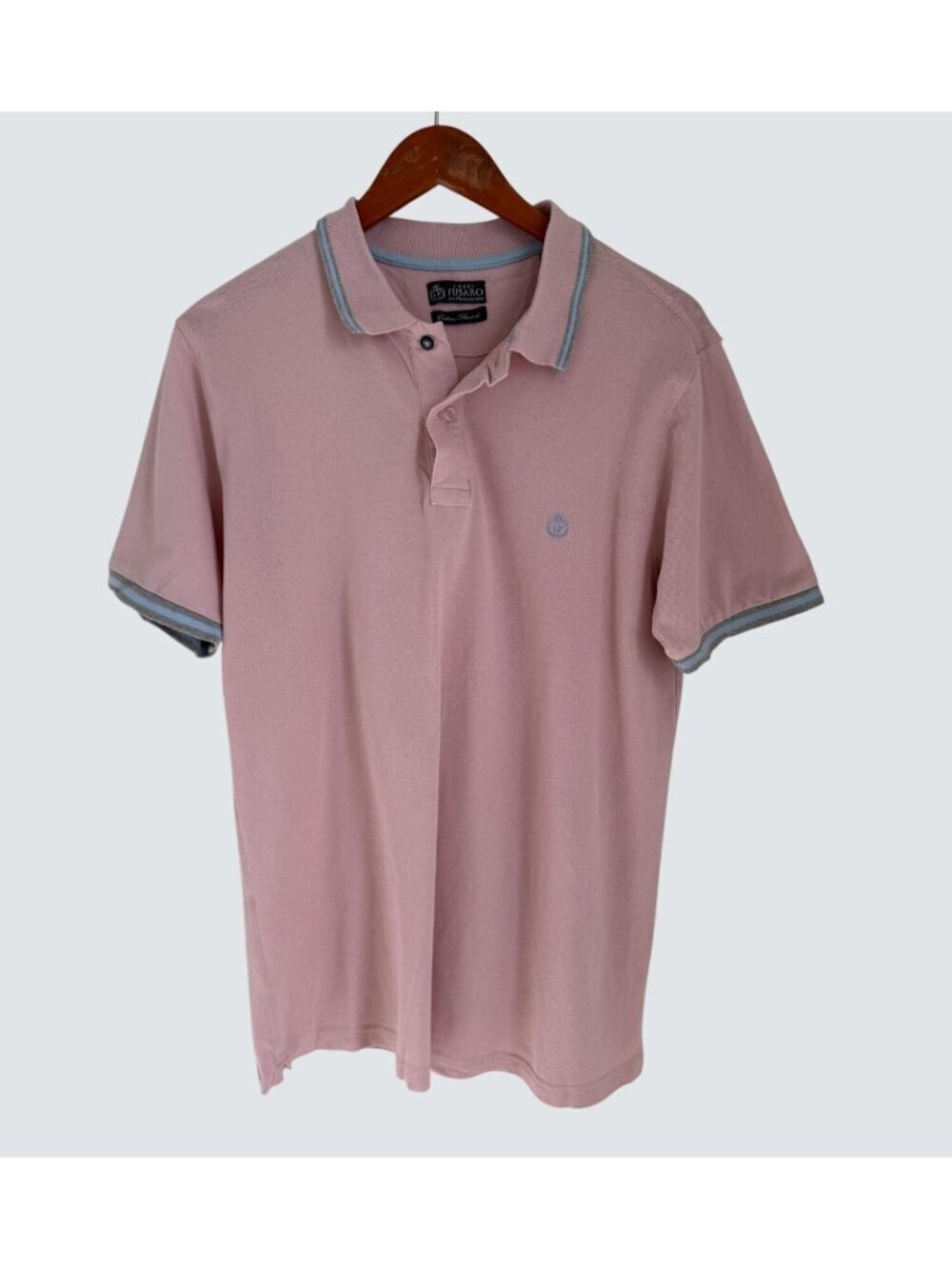 Luigi Fusaro Mens Pink Polo Shirt W/ Blue Trim Cotton Stretch Size XL